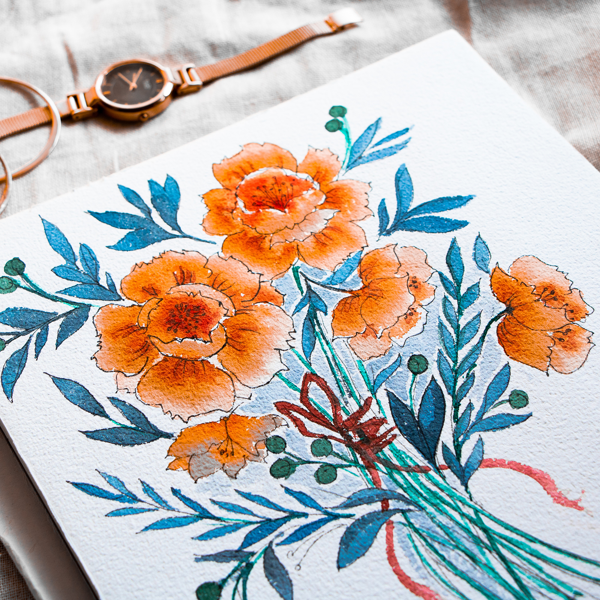 Peach-colored floral watercolor painting
